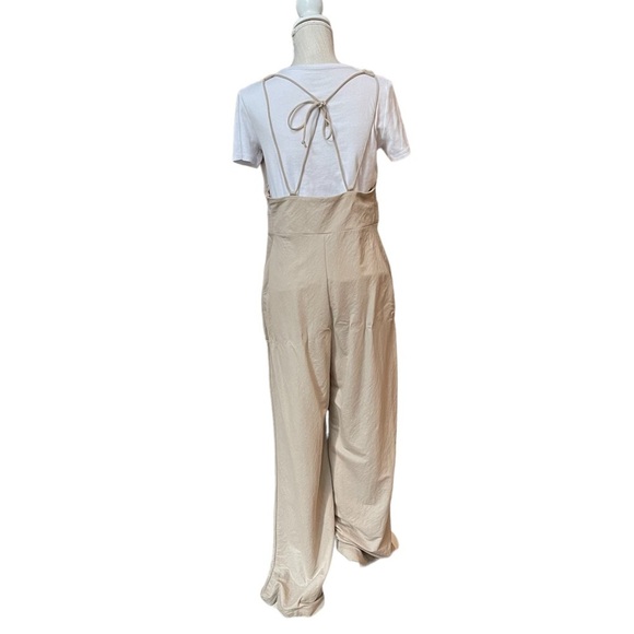 Zara Open Back Tie Full Body Long Jumpsuit in Light Tan Size: L - Picture 4 of 11